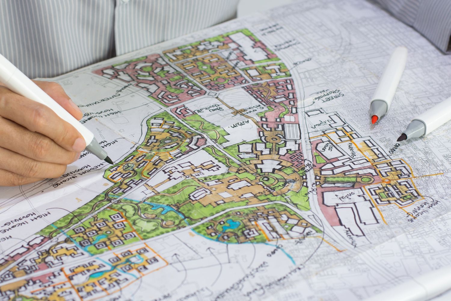 A person is drawing a map of a city with markers.