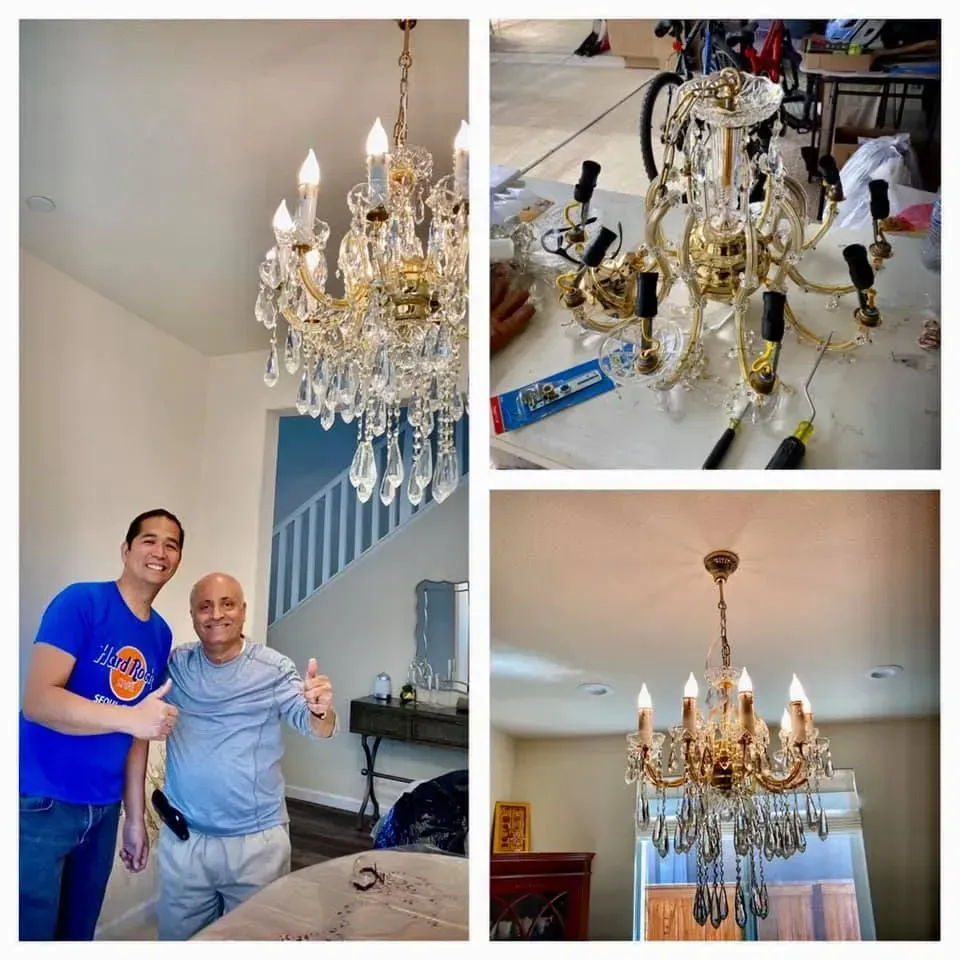 Collage showing chandelier installation: two men pose; chandelier being assembled; installed in room.