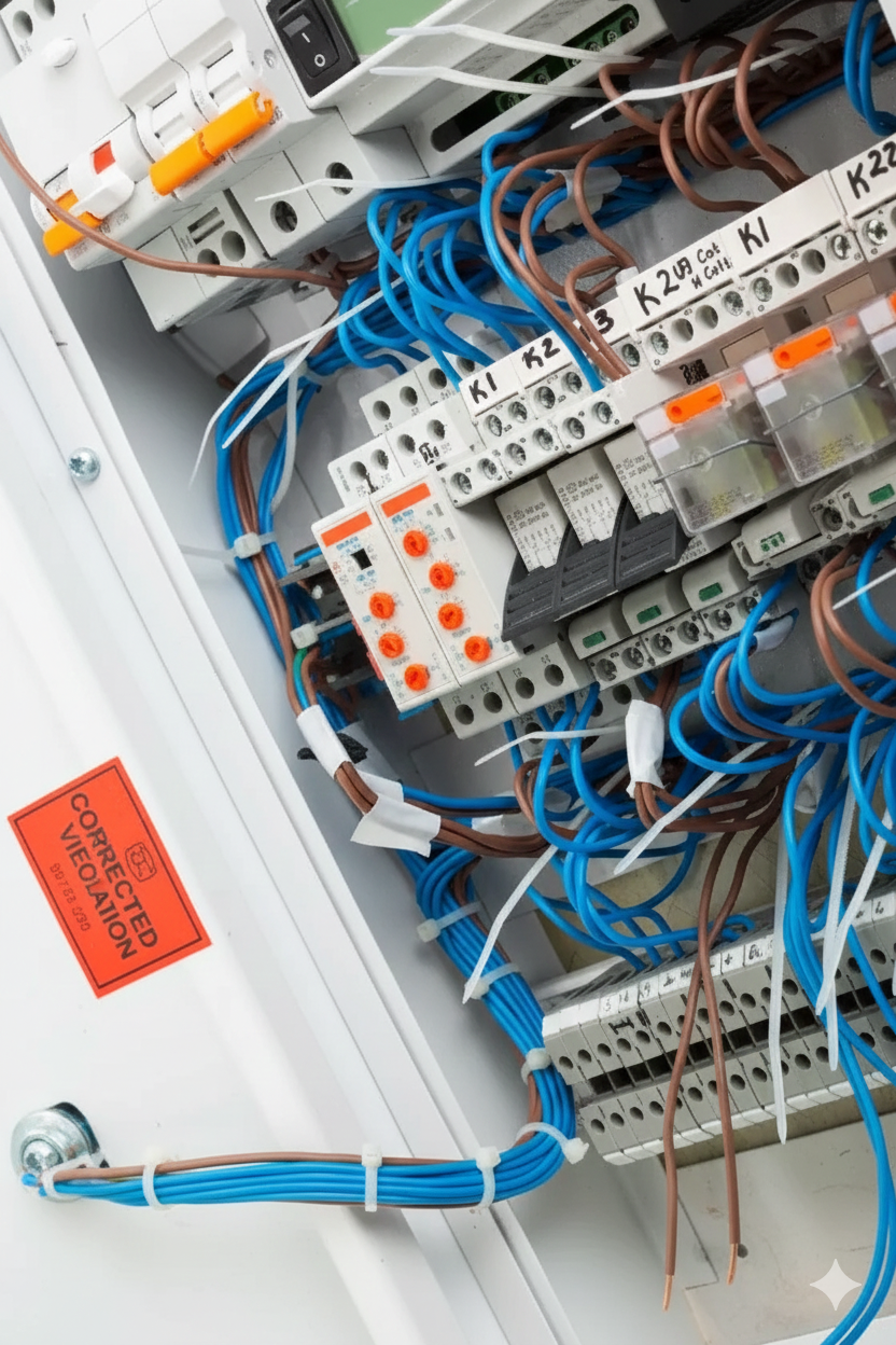 Electric control panel with blue and brown wires, white components, and orange sticker.