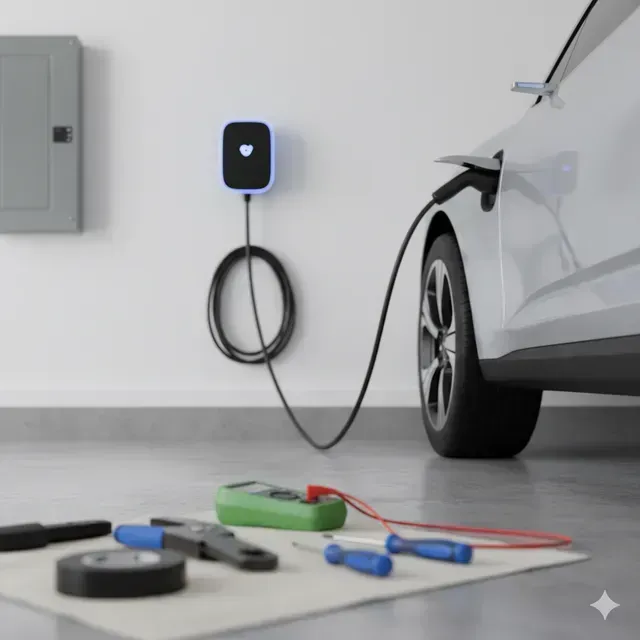 White electric car charging in garage with EV charger mounted on wall and tools on the floor.
