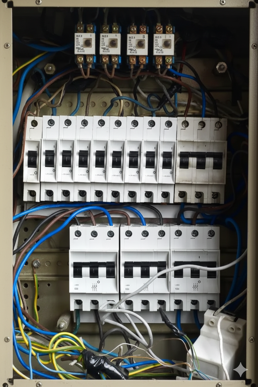 Electrical panel with circuit breakers and wiring.