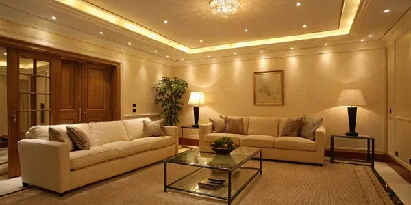 A bright living room with two beige sofas, a glass coffee table, and warm lighting.