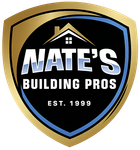 Nate's Building Pros logo: a shield-shaped design in gold, black, and blue with text and a house icon.