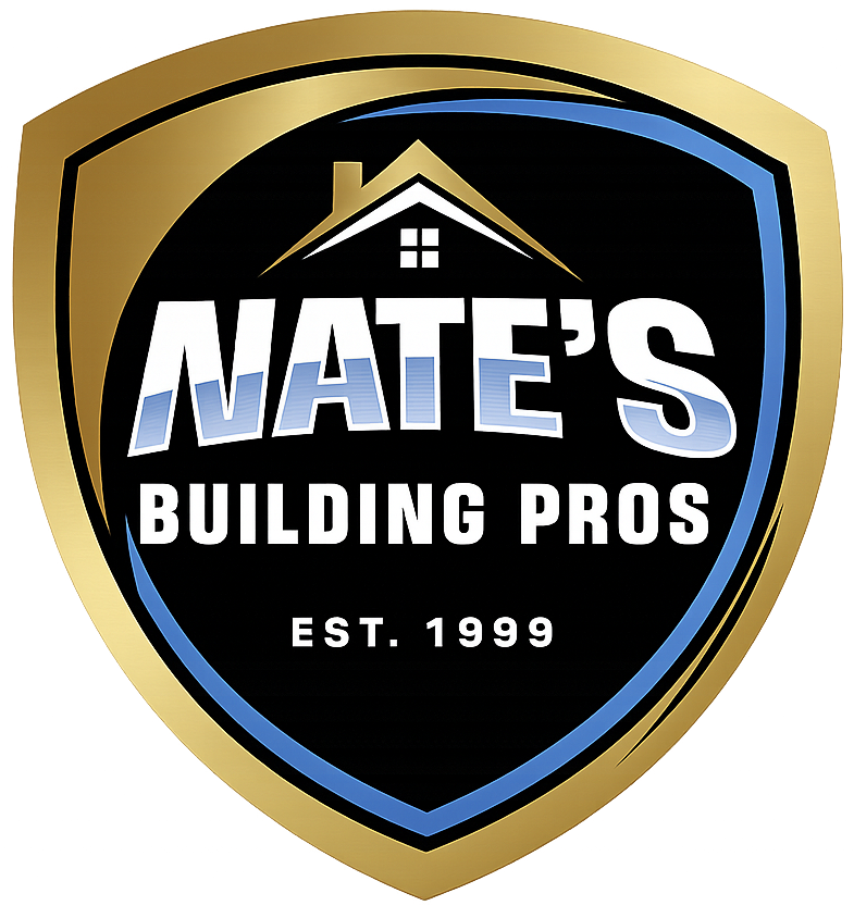 Nate's Building Pros logo: a shield-shaped design in gold, black, and blue with text and a house icon.