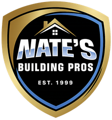 Shield logo for Nate's Building Pros, gold and black, with a house icon and text 