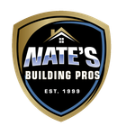 Shield logo for Nate's Building Pros, gold and black, with a house icon and text 