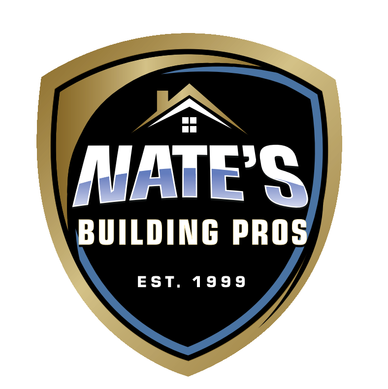 Shield logo for Nate's Building Pros, gold and black, with a house icon and text 