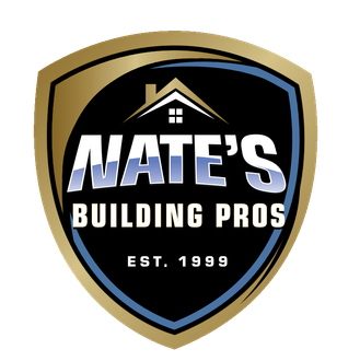Shield logo for Nate's Building Pros, gold and black, with a house icon and text 