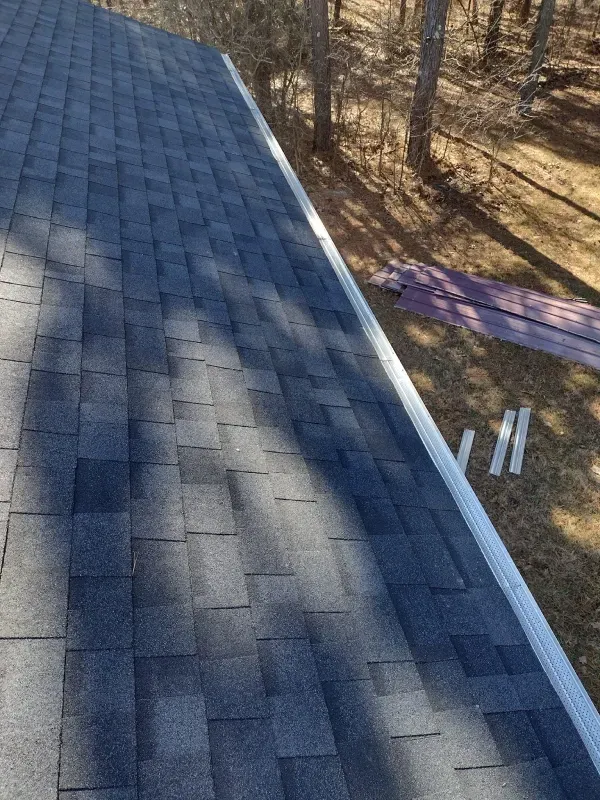 Dark gray shingle roof with white gutter along the edge, wooded background.