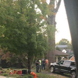 A group of people are standing around a tree in front of a house.