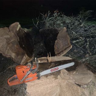 A chainsaw is sitting on top of a pile of wood.