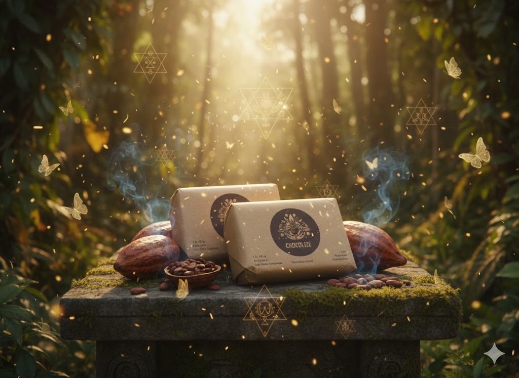 Twee ingepakte repen chocolade op een stenen altaar met cacaopeulen en -bonen. Een boslandschap met vlinders en licht.