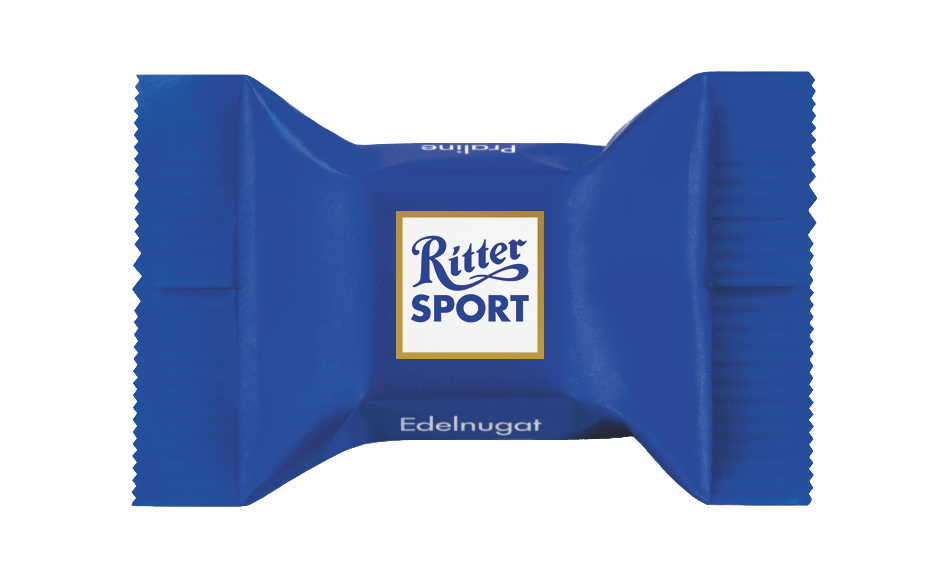 A blue bag of ritter sport candy on a white background
