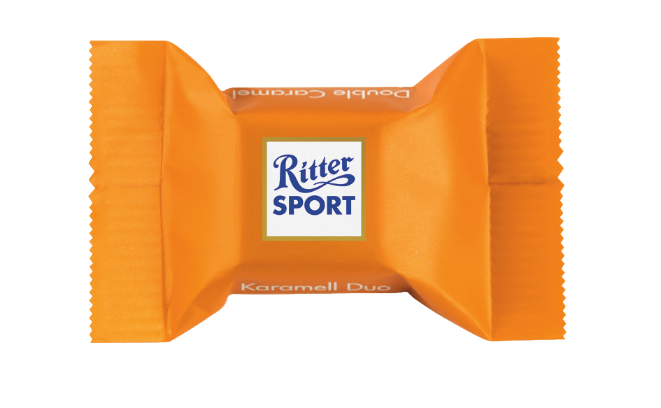 An orange ritter sport candy bar on a white background