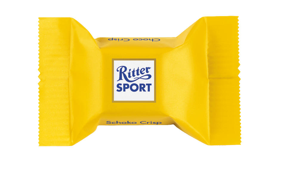 A yellow ritter sport candy bar on a white background