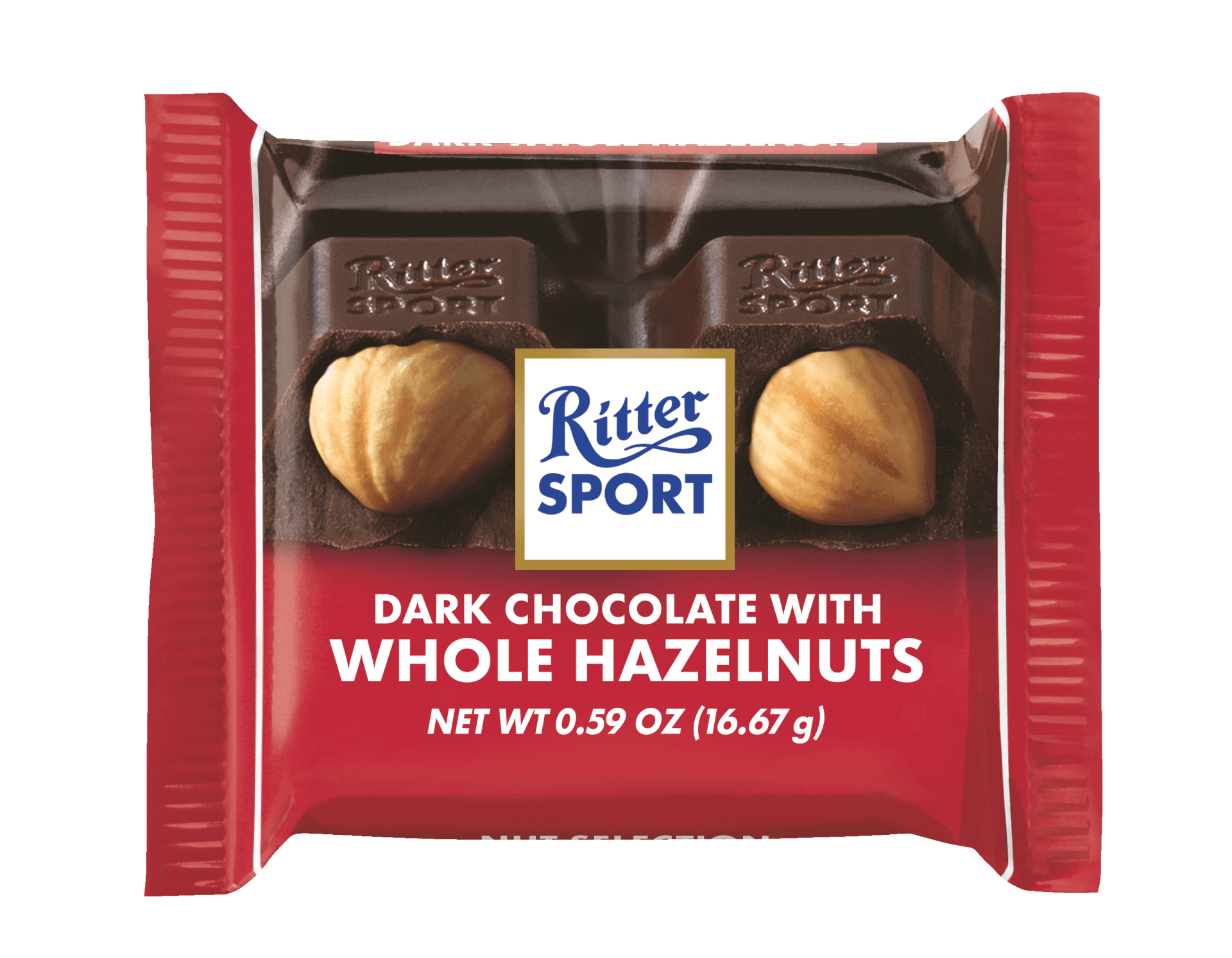 A package of ritter sport dark chocolate with whole hazelnuts