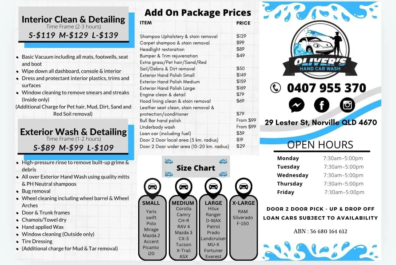 Brochure One — Oliver's Hand Car Wash in Norville, QLD