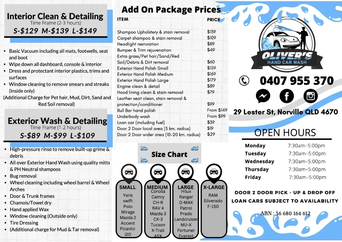 Brochure One — Oliver's Hand Car Wash in Norville, QLD