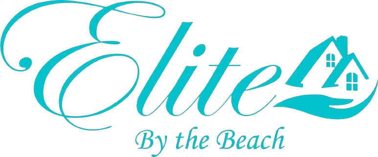 Teal logo for "Elite By the Beach" with cursive font, house, and hand symbols.