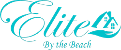 Teal logo for "Elite By the Beach" with cursive font, house, and hand symbols.