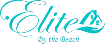 Teal logo for "Elite By the Beach" with cursive font, house, and hand symbols.