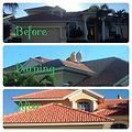 A before and after picture of a house with a tile roof.