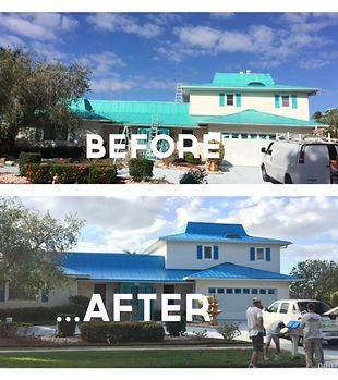 A before and after picture of a house with a blue roof