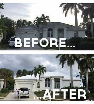 A before and after picture of a house with palm trees