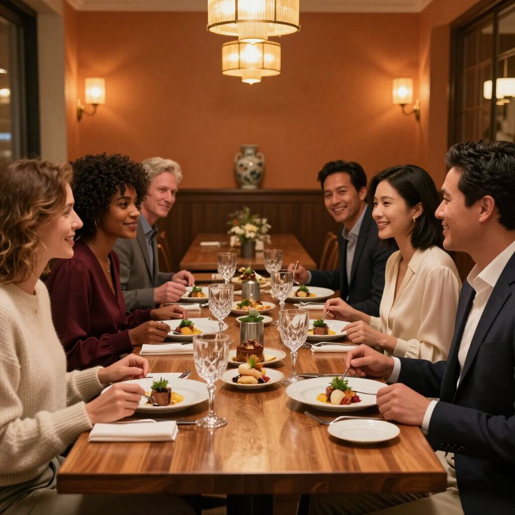 People at a table in a restaurant, eating. Warm lighting, plates of food, wine glasses.