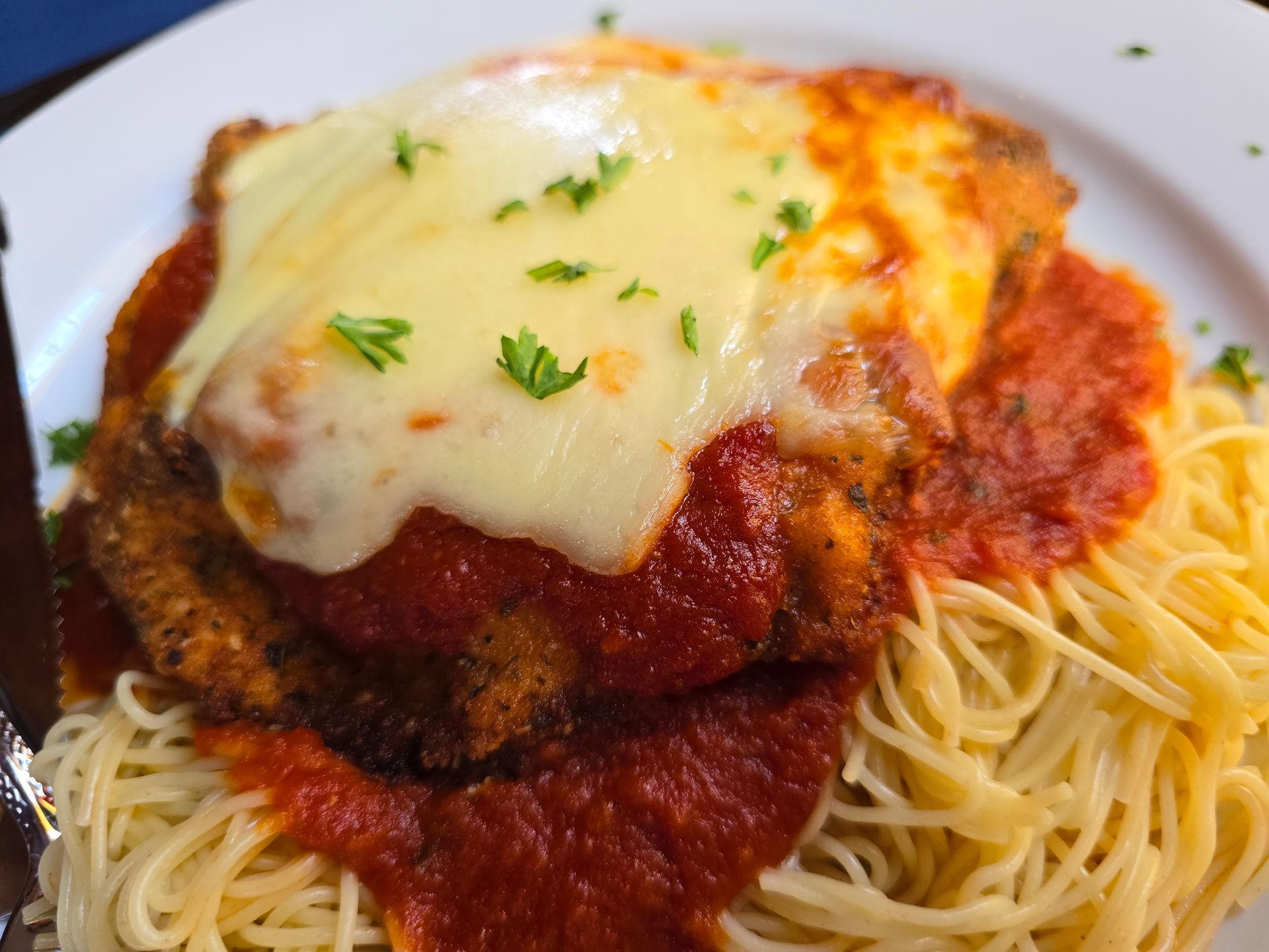 Chicken parmigiana topped with melted cheese and red sauce, served over a bed of spaghetti on a white plate.