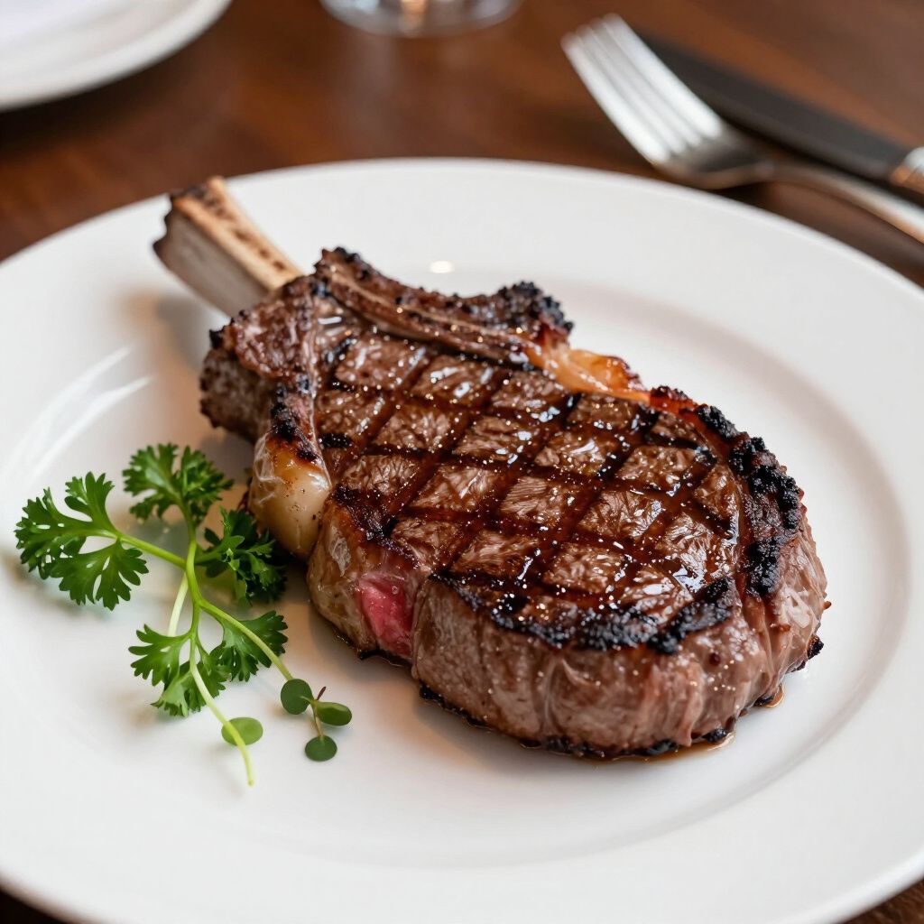 Grilled ribeye steak on white plate with parsley garnish.