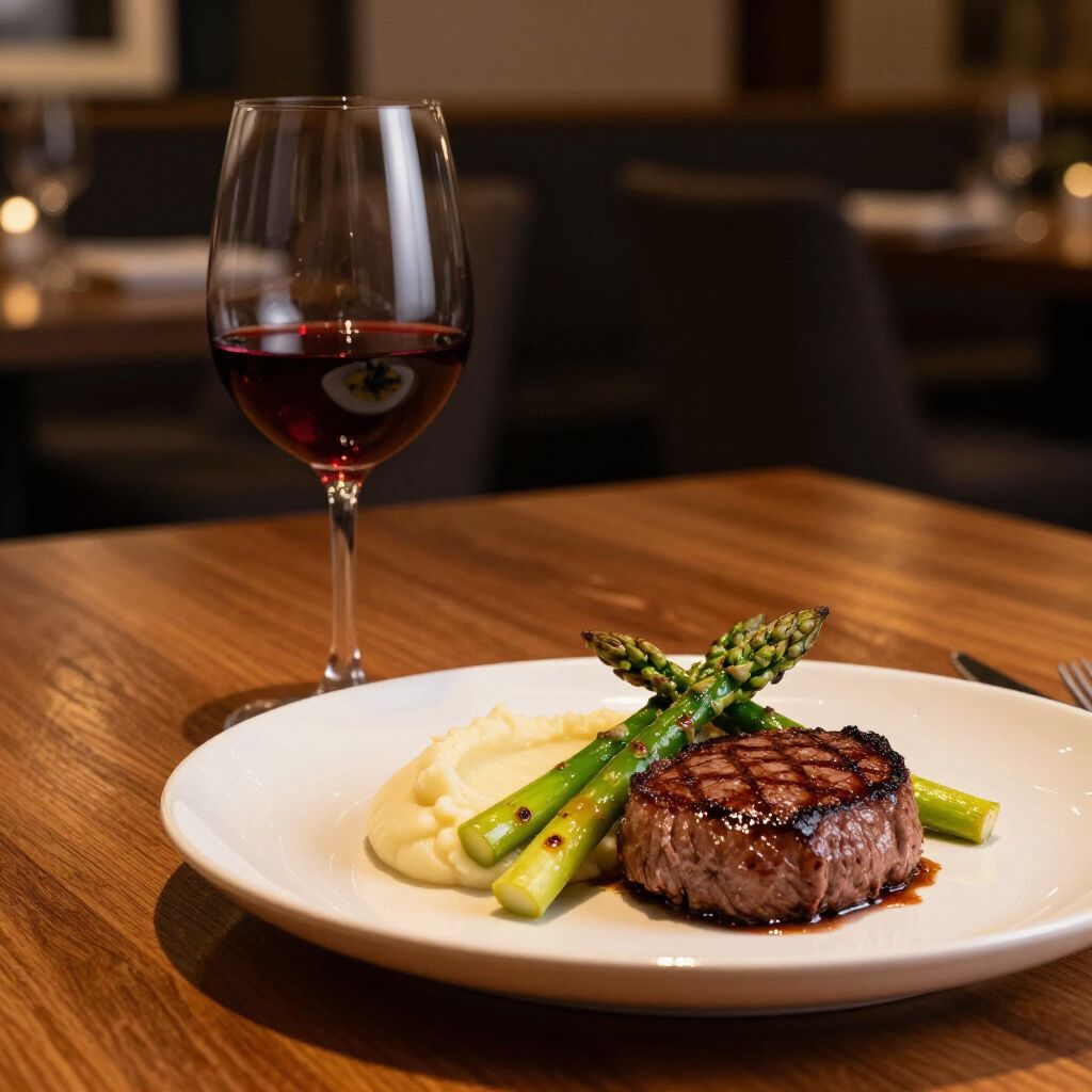 Steak and asparagus on a plate with mashed potatoes, red wine in a glass on a wooden table.