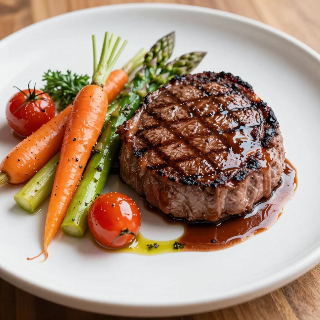 Grilled steak with asparagus, carrots, and tomatoes on a white plate.