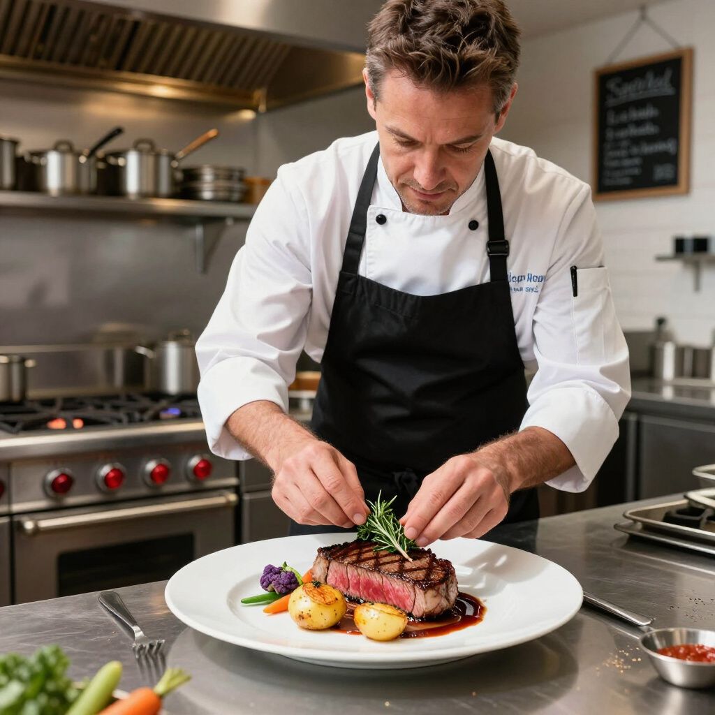 Chef garnishes a steak plate in a restaurant kitchen with vegetables and potatoes.