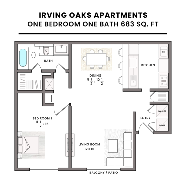A floor plan of a one bedroom apartment with a bathroom.