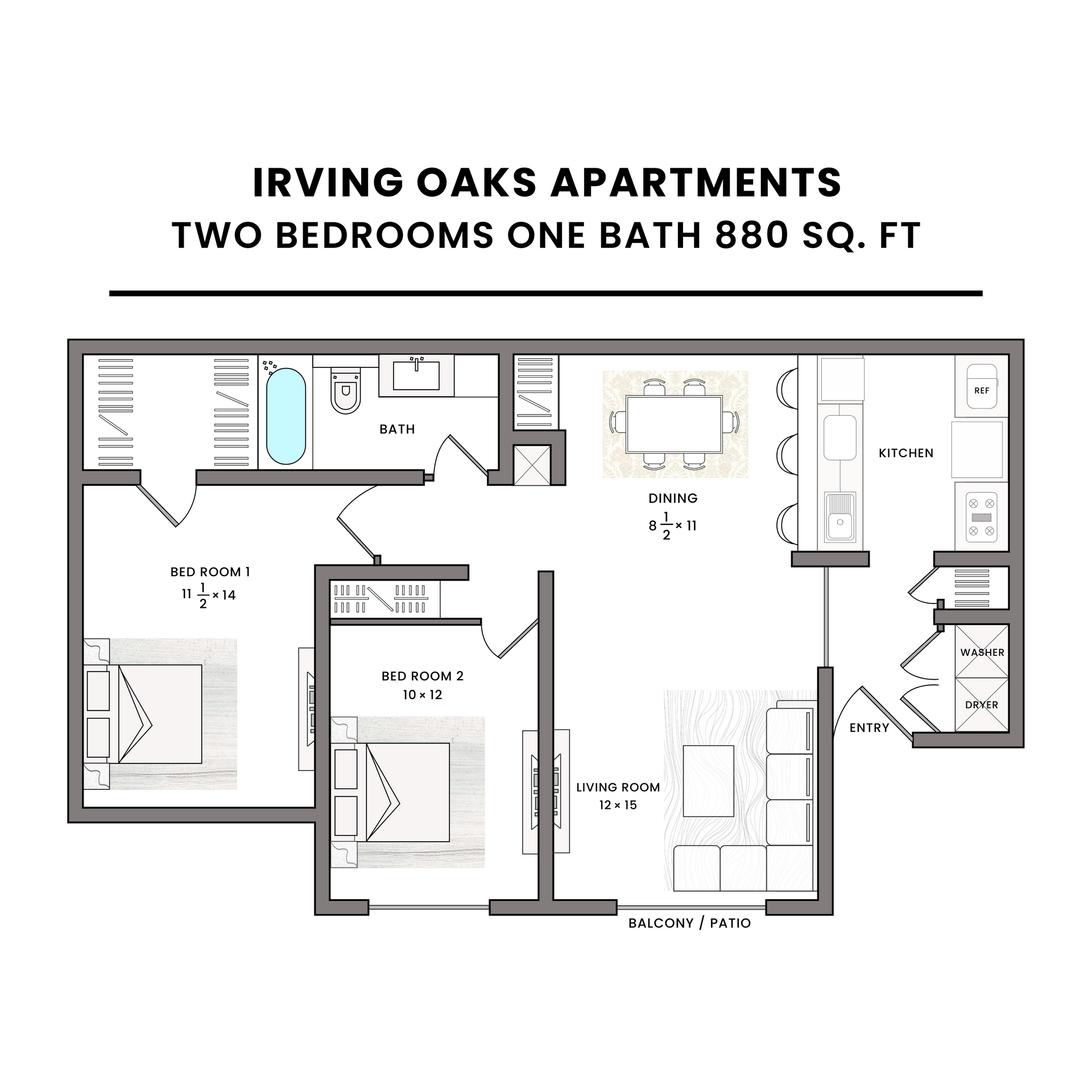 A floor plan of a two bedroom apartment with one bath.