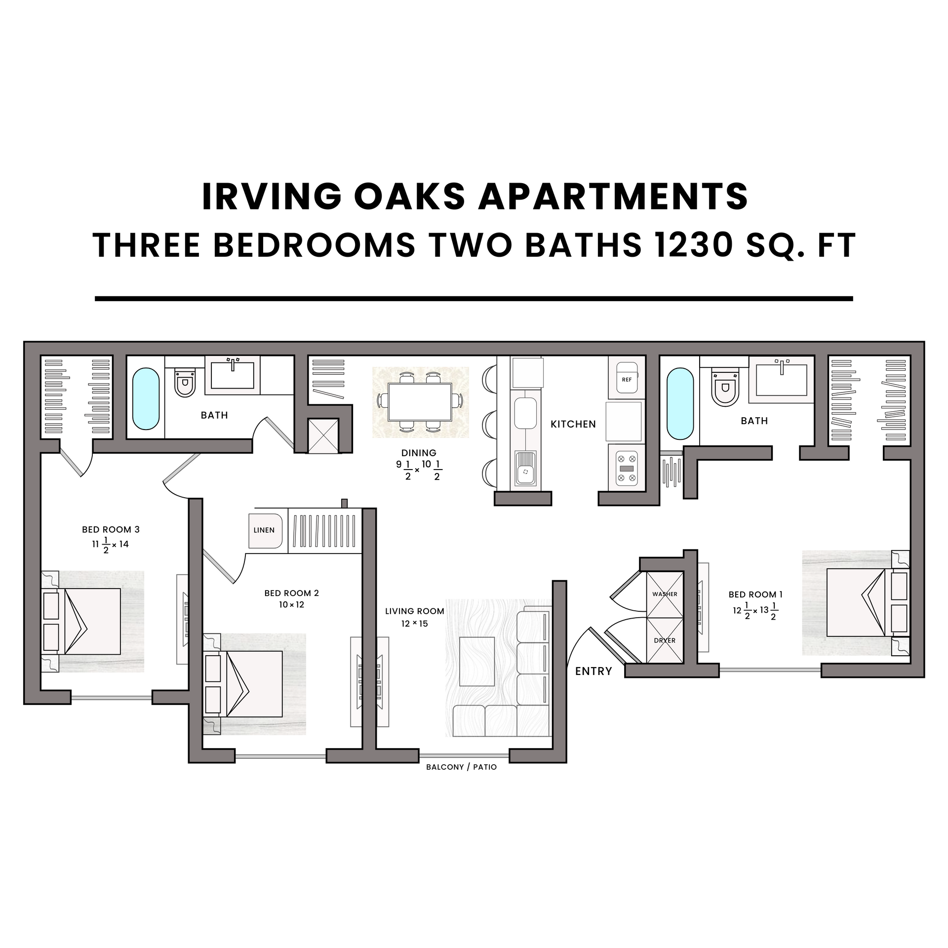 A floor plan of a three bedroom apartment with two baths.