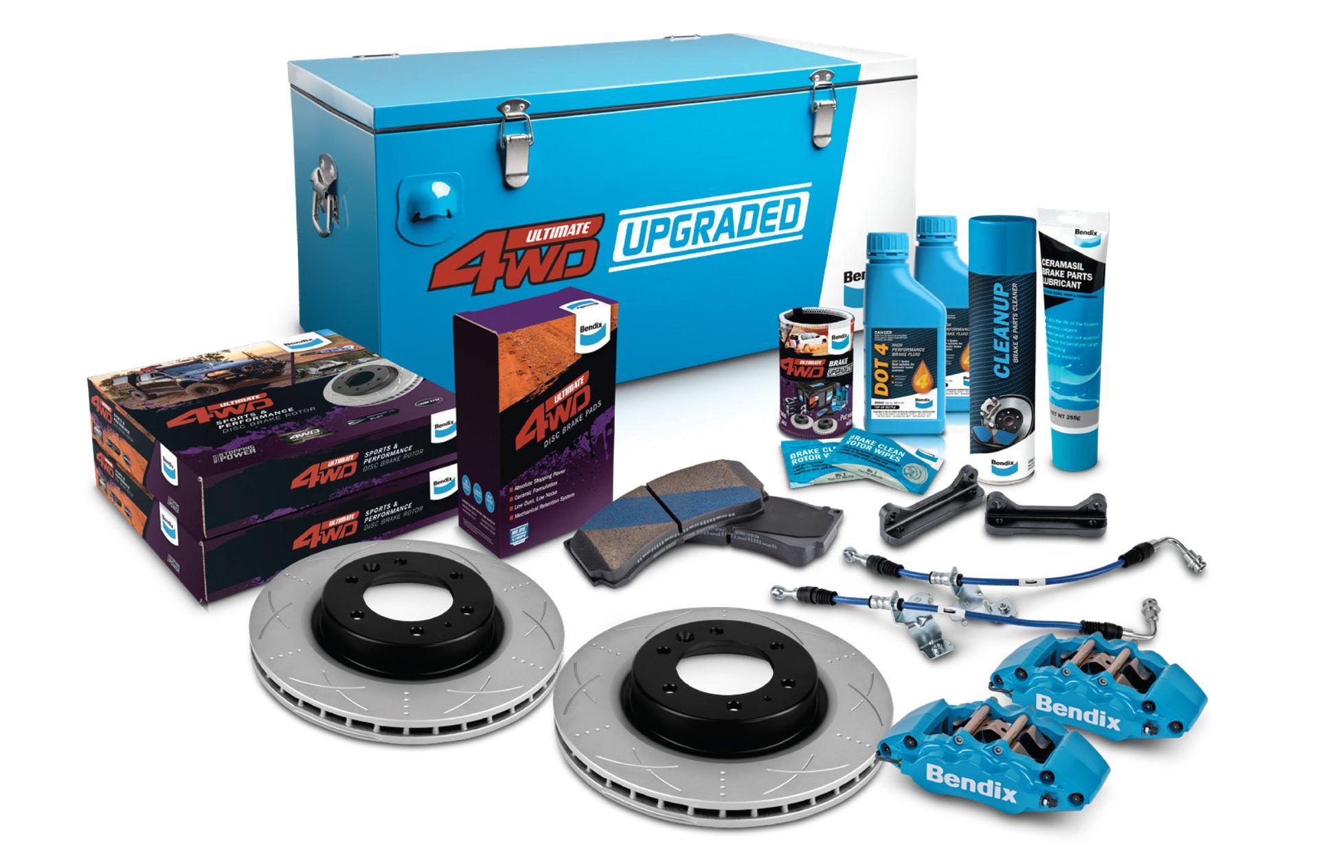 a blue toolbox filled with brake pads , brake rotors , and brake pads .