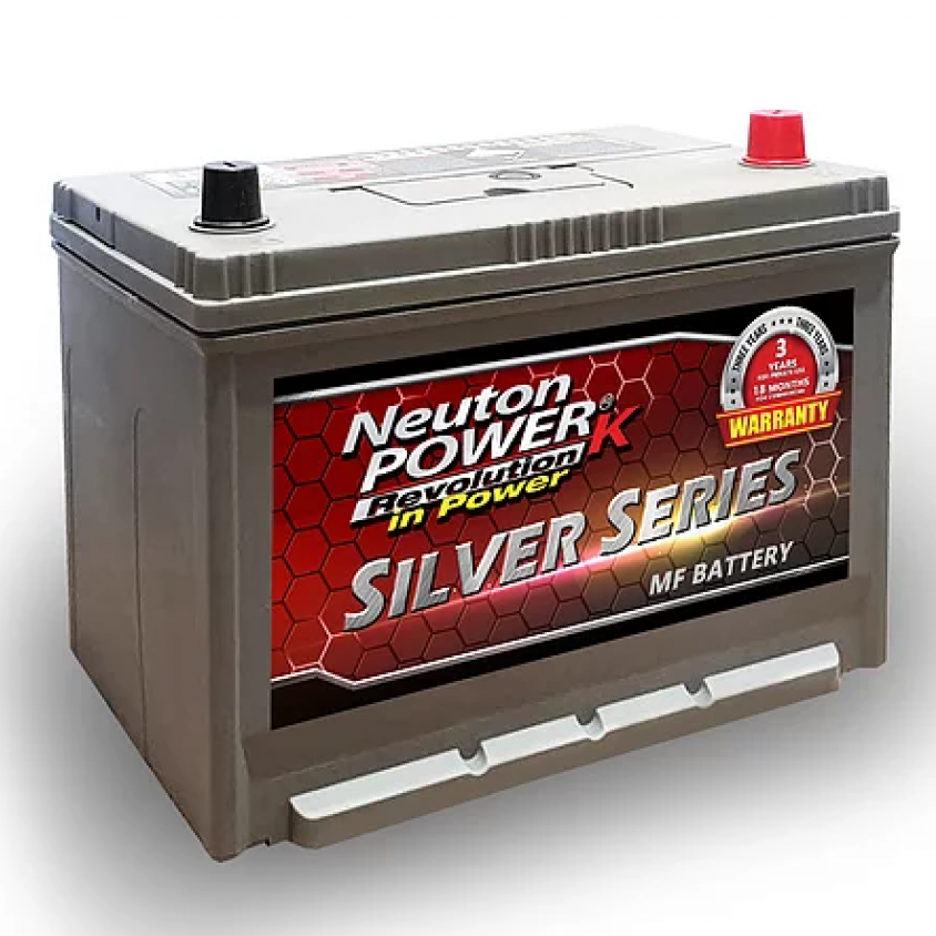 a newton power k silver series mf battery is sitting on a white surface .