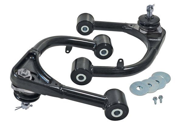 a pair of black upper control arms with washers and bolts on a white background .