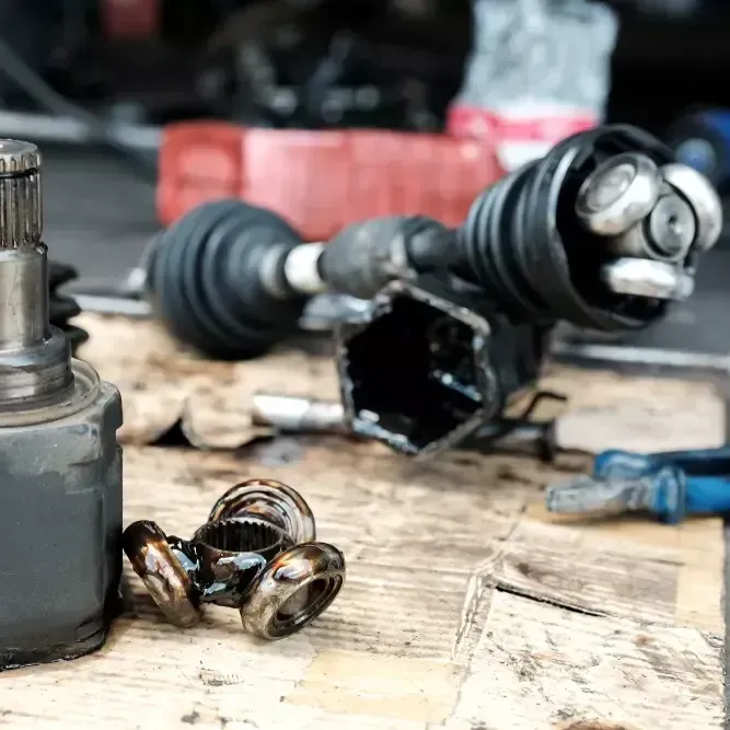 a bunch of parts are sitting on a wooden table .