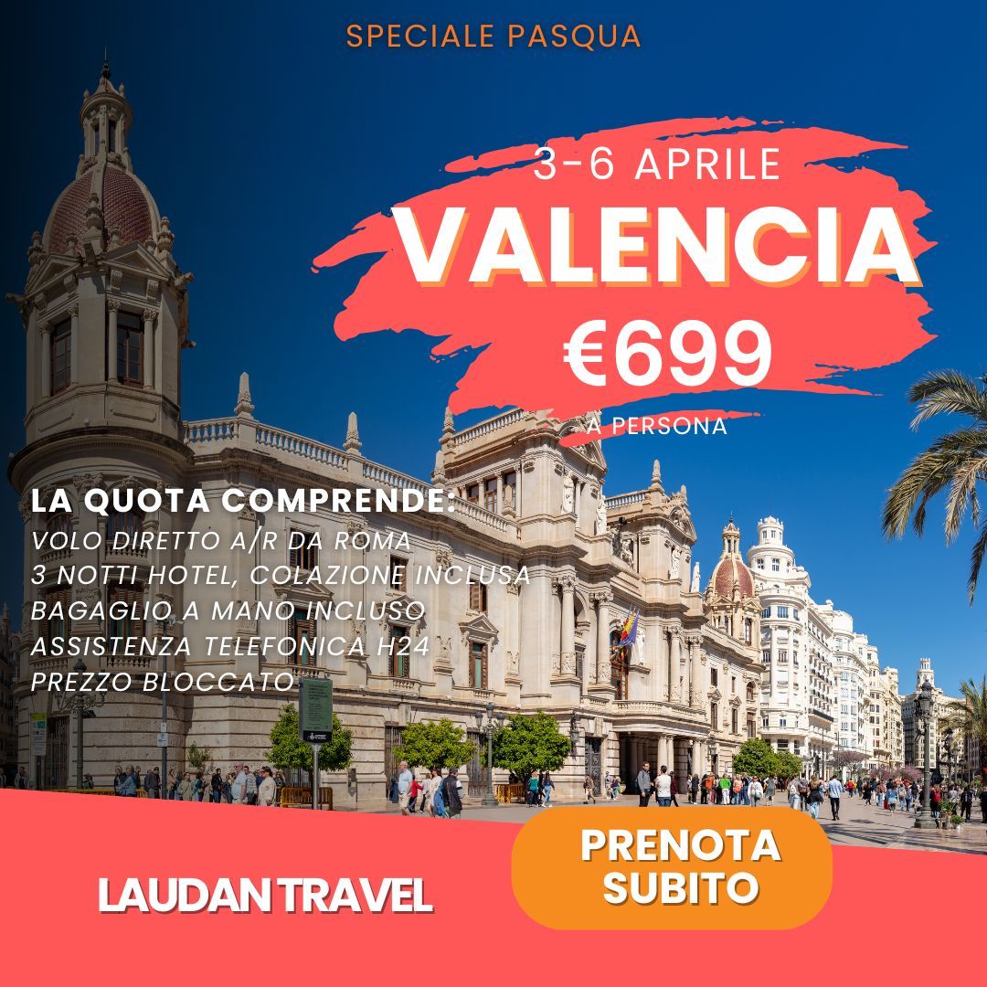 Pubblicità turistica per Valencia, Spagna, con date e prezzi, raffigurante un edificio cittadino.