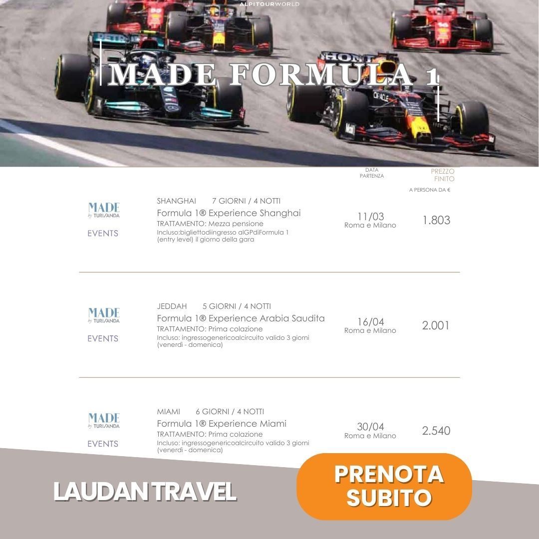 Auto da corsa di Formula 1 in pista, pubblicità di Laudan Travel.