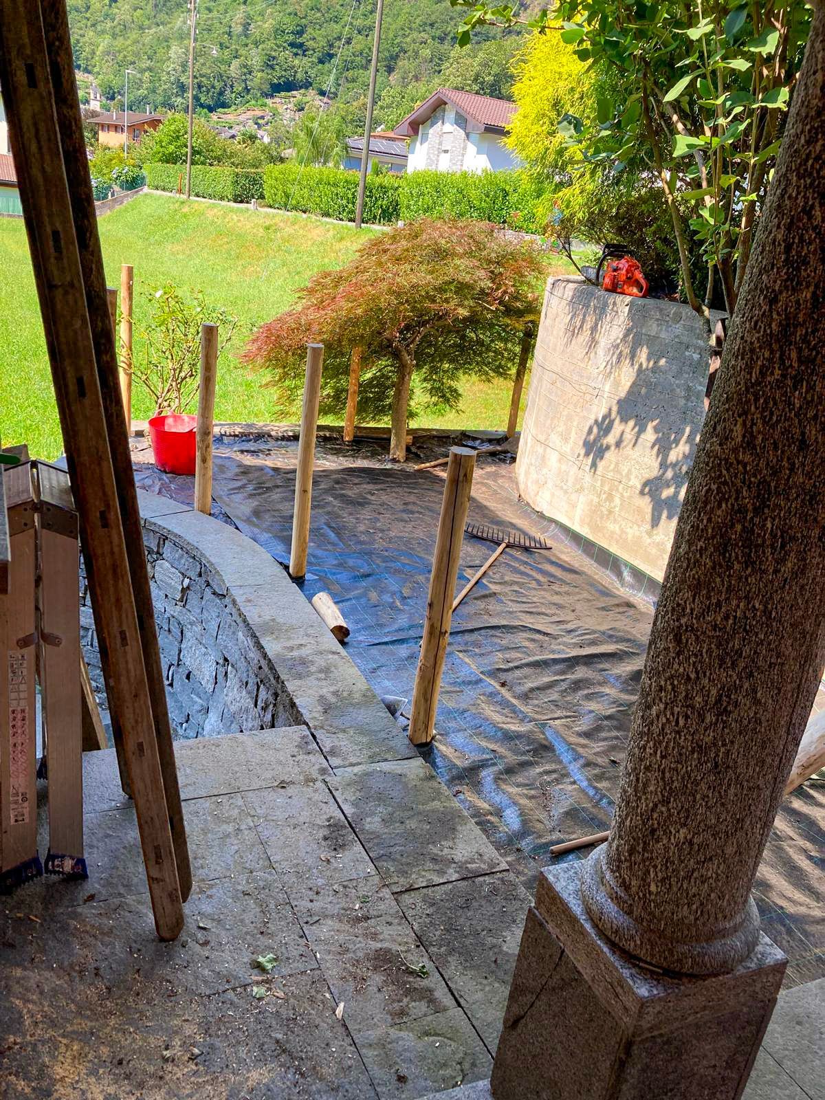 Si sta costruendo una scala in un giardino con un albero sullo sfondo.