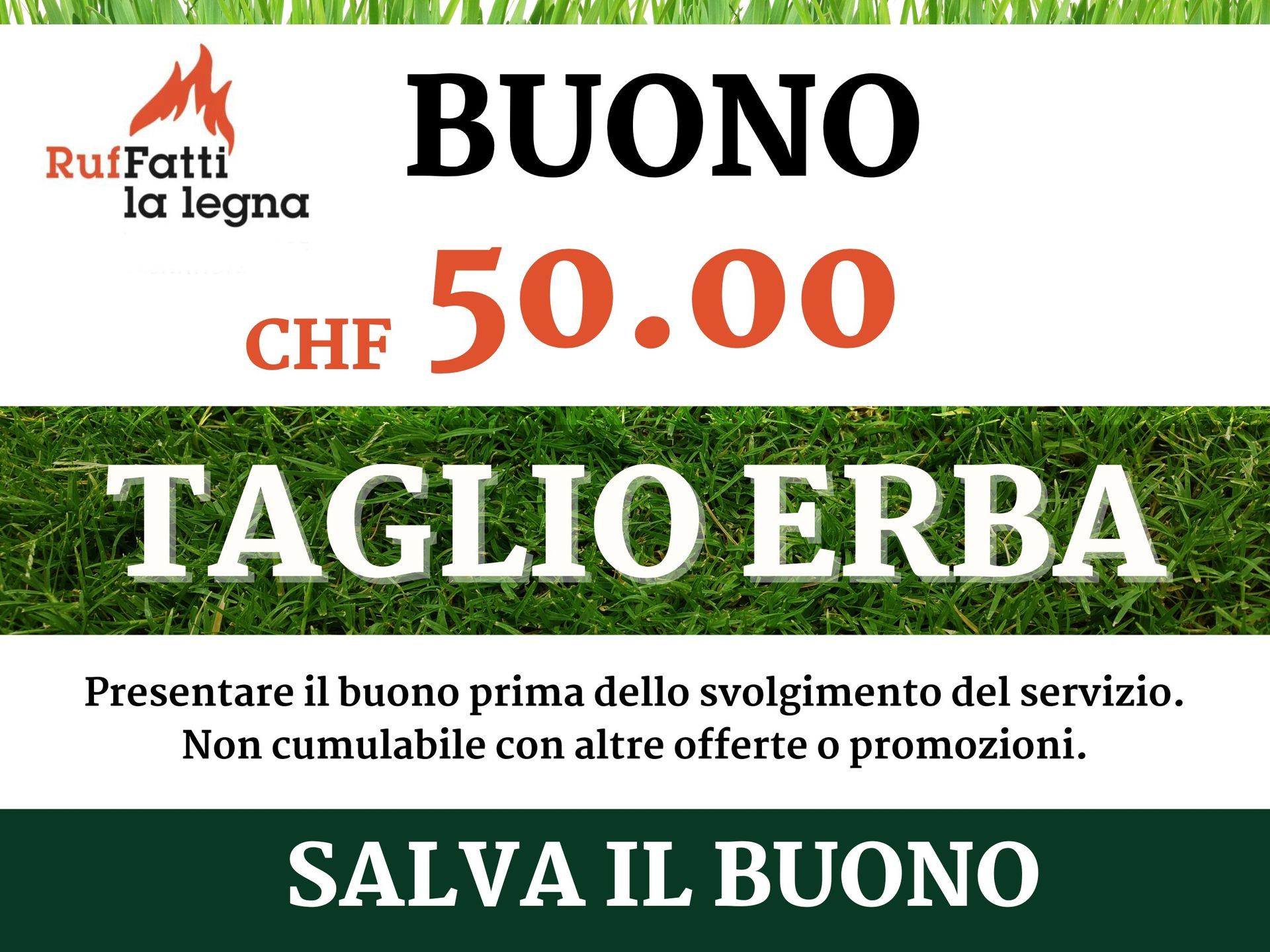 A sign that says buono chf 50.00 taglio erba