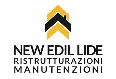 Logo per New Edil Lide, impresa edile. Presenta un'icona stilizzata a forma di casa in giallo e nero sopra il testo.