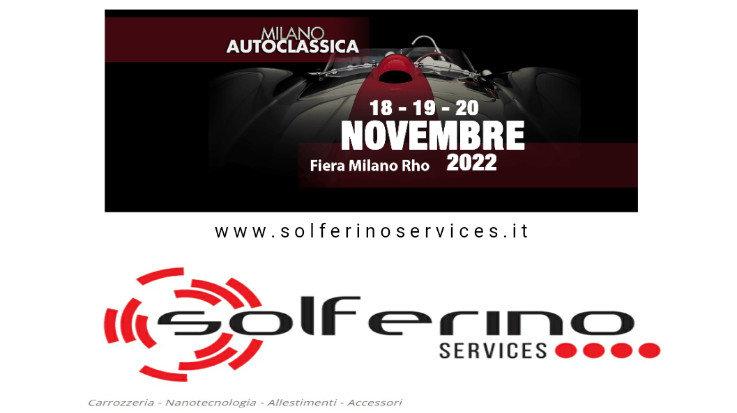 Banner per la fiera AutoClassica di Milano, 18-20 novembre 2022. Logo Solferino Services in basso.