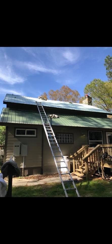 A tall ladder rests against a house roof with green metal panels. Sky is blue, trees are in the background.