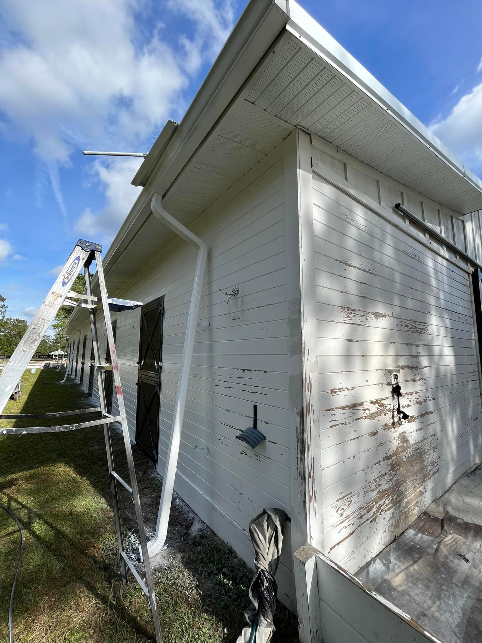 White building with a ladder against it, blue sky, and green grass.
