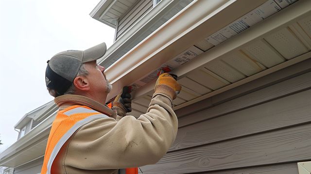 a man is installing a gutter on the roof of a house .
